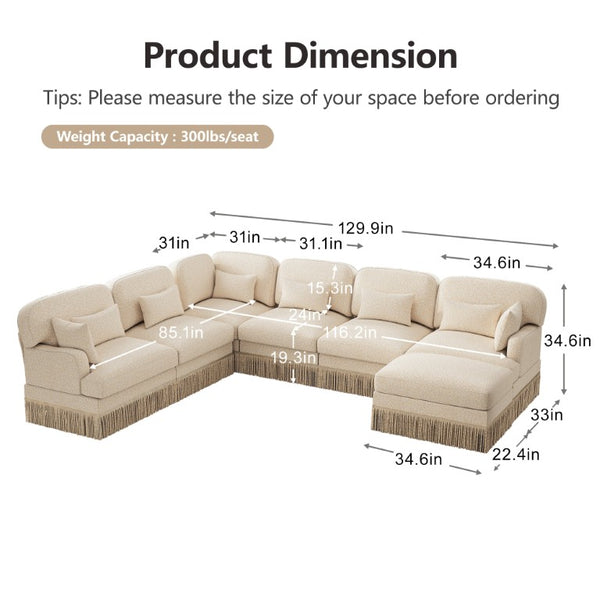 English Elm Oversized Modular V Shape Chenille Sectional with Tassel Trim and Movable Ottoman W5656S00151