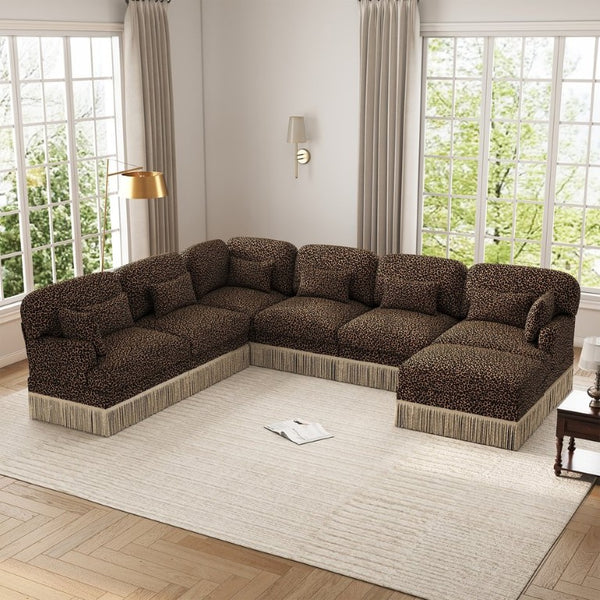 English Elm Oversized Modular V Shape Chenille Sectional with Tassel Trim and Seven Seat Comfort W5656S00152