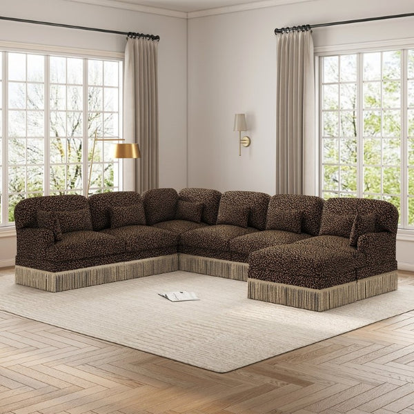 English Elm Oversized Modular V Shape Chenille Sectional with Tassel Trim and Seven Seat Comfort W5656S00152