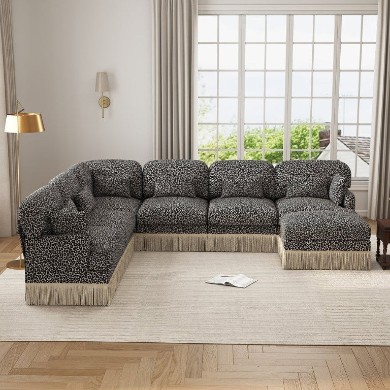 English Elm Oversized Modular Sectional Sofa Seven Seat Leopard Chenille with Tassel Trim Ottoman W5656S00153