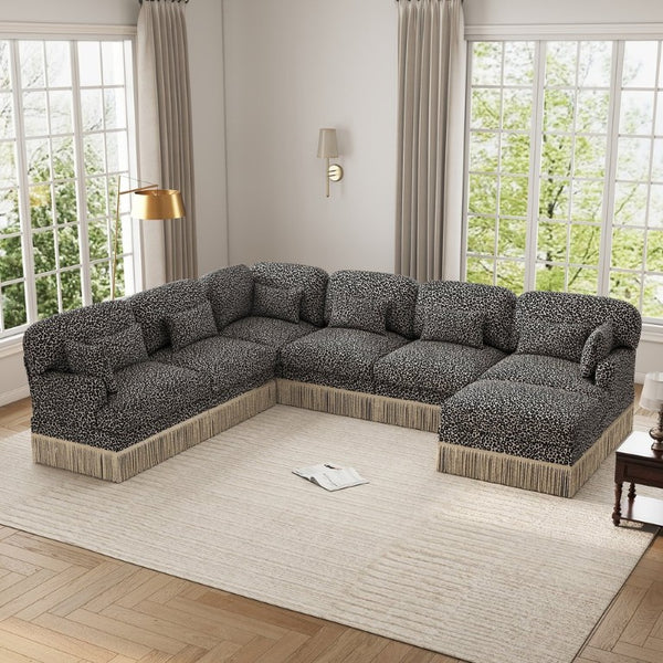 English Elm Oversized Modular Sectional Sofa Seven Seat Leopard Chenille with Tassel Trim Ottoman W5656S00153
