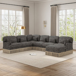 English Elm Oversized Modular Sectional Sofa Seven Seat Leopard Chenille with Tassel Trim Ottoman W5656S00153