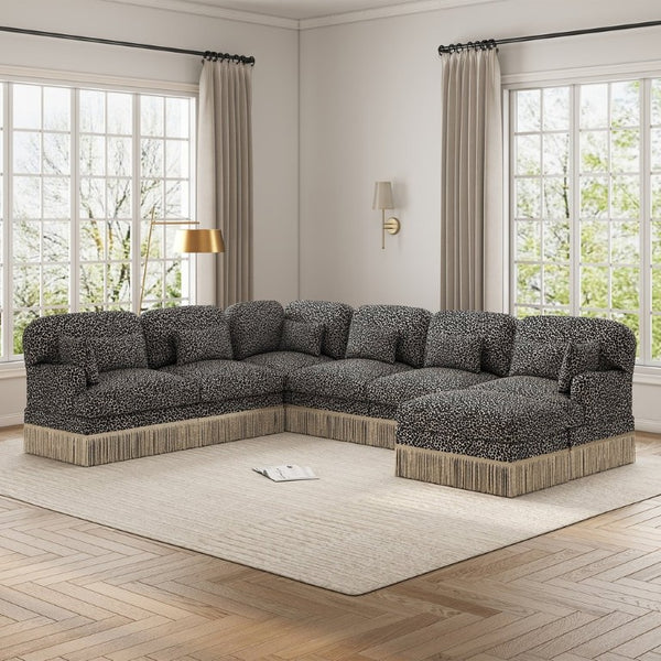 English Elm Oversized Modular Sectional Sofa Seven Seat Leopard Chenille with Tassel Trim Ottoman W5656S00153