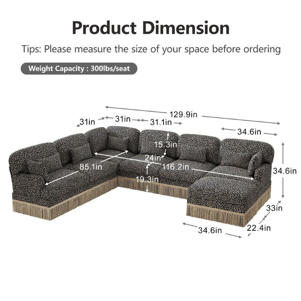 English Elm Oversized Modular Sectional Sofa Seven Seat Leopard Chenille with Tassel Trim Ottoman W5656S00153