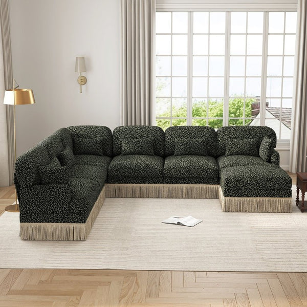 English Elm Oversized Chenille Sectional Seven Seat Modular Sofa with Leopard Print and Tassel Trim W5656S00154