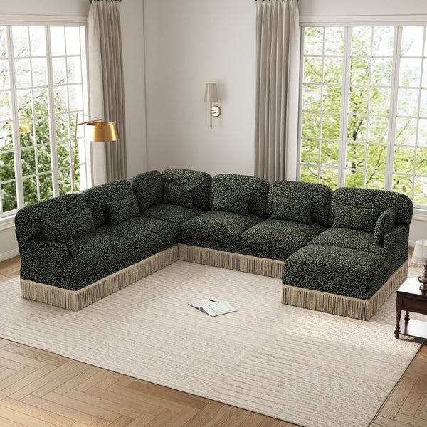 English Elm Oversized Chenille Sectional Seven Seat Modular Sofa with Leopard Print and Tassel Trim W5656S00154