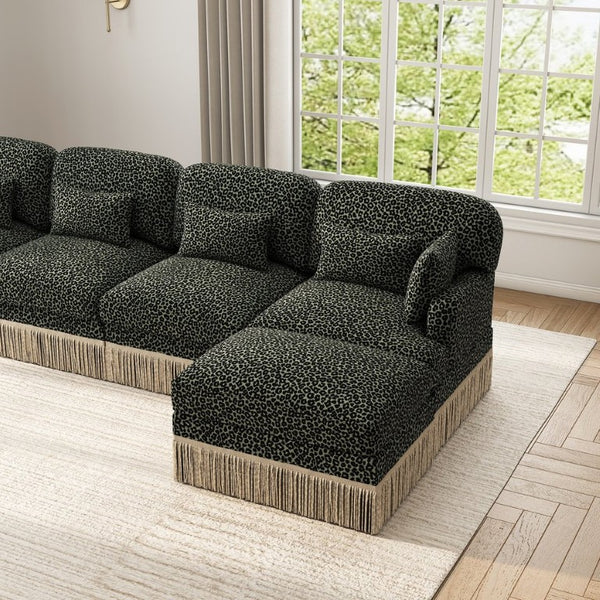 English Elm Oversized Chenille Sectional Seven Seat Modular Sofa with Leopard Print and Tassel Trim W5656S00154