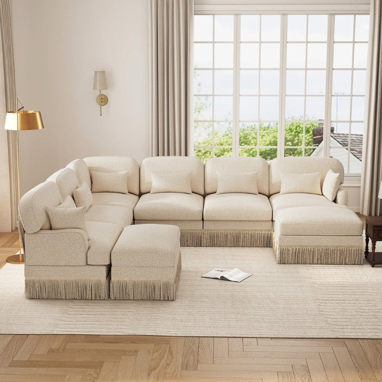 English Elm Oversized V-Shaped Sectional Sofa with Leopard Chenille Tassel Trim and Eight Plush Seats W5656S00155