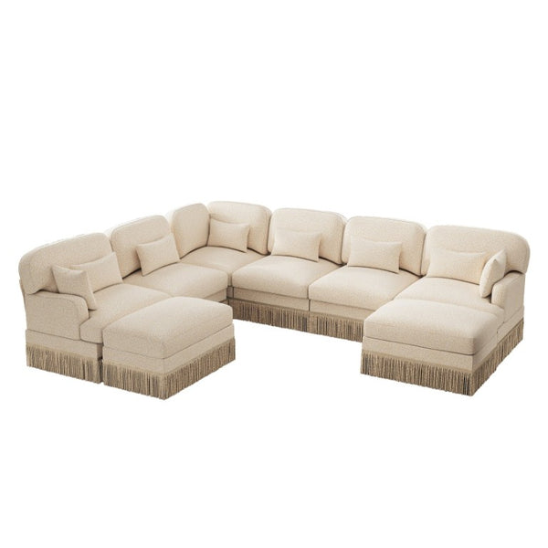 English Elm Oversized V-Shaped Sectional Sofa with Leopard Chenille Tassel Trim and Eight Plush Seats W5656S00155
