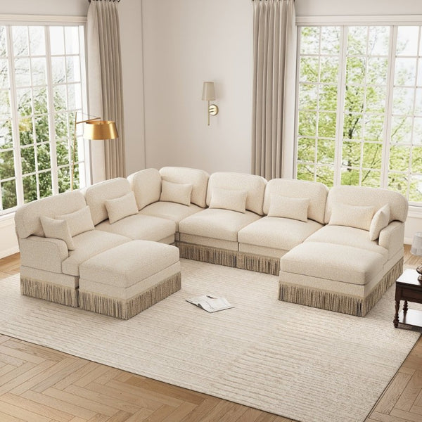 English Elm Oversized V-Shaped Sectional Sofa with Leopard Chenille Tassel Trim and Eight Plush Seats W5656S00155