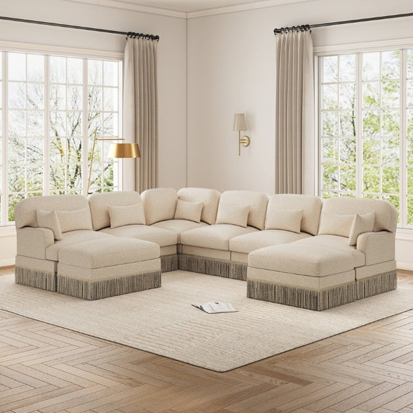 English Elm Oversized V-Shaped Sectional Sofa with Leopard Chenille Tassel Trim and Eight Plush Seats W5656S00155