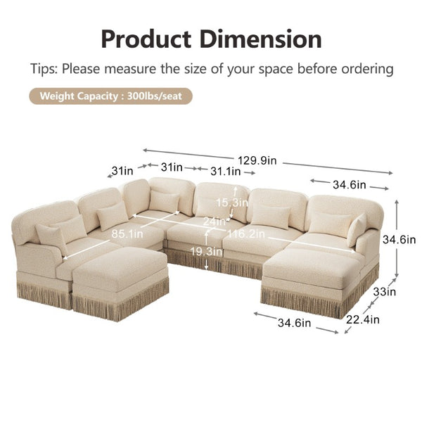 English Elm Oversized V-Shaped Sectional Sofa with Leopard Chenille Tassel Trim and Eight Plush Seats W5656S00155