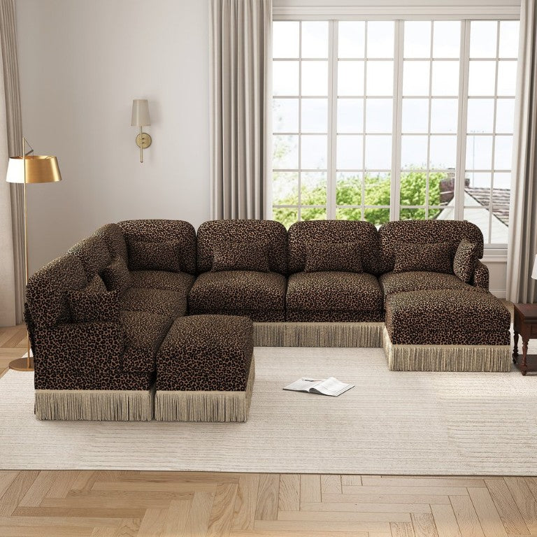 English Elm Oversized Modular V Shaped Chenille Sectional Eight Seat Sofa with Tassel Trim Ottomans W5656S00156