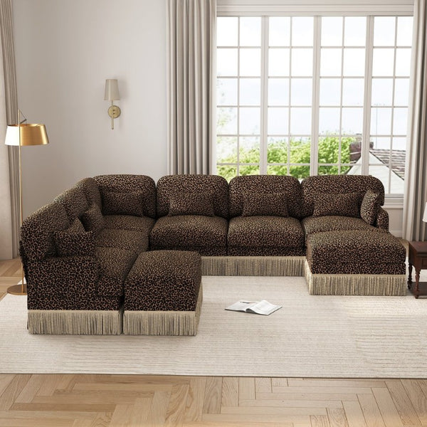 English Elm Oversized Modular V Shaped Chenille Sectional Eight Seat Sofa with Tassel Trim Ottomans W5656S00156