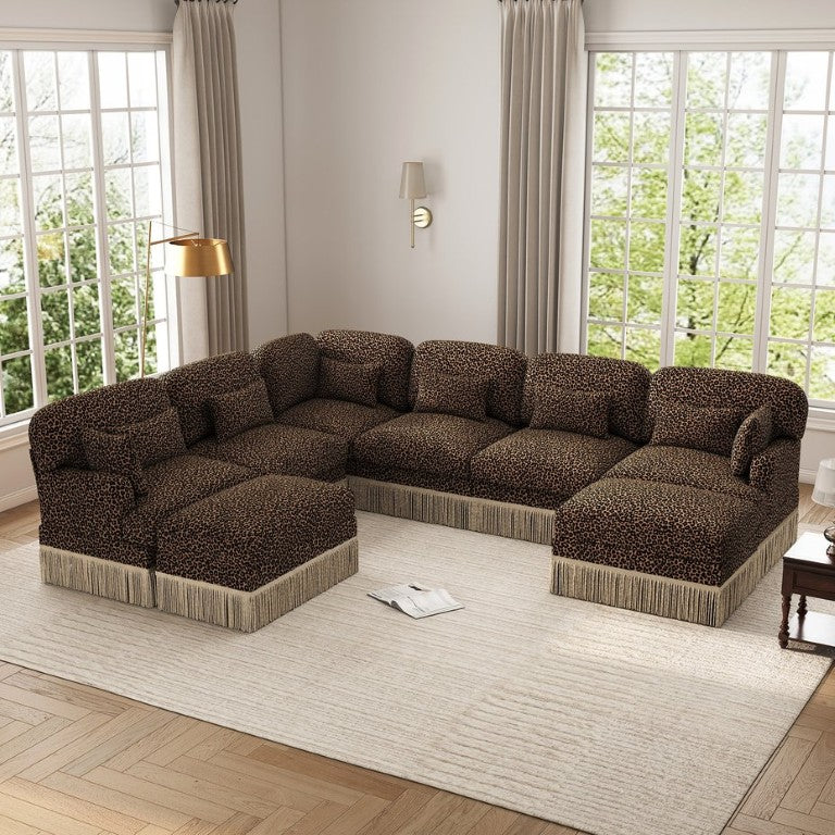 English Elm Oversized Modular V Shaped Chenille Sectional Eight Seat Sofa with Tassel Trim Ottomans W5656S00156