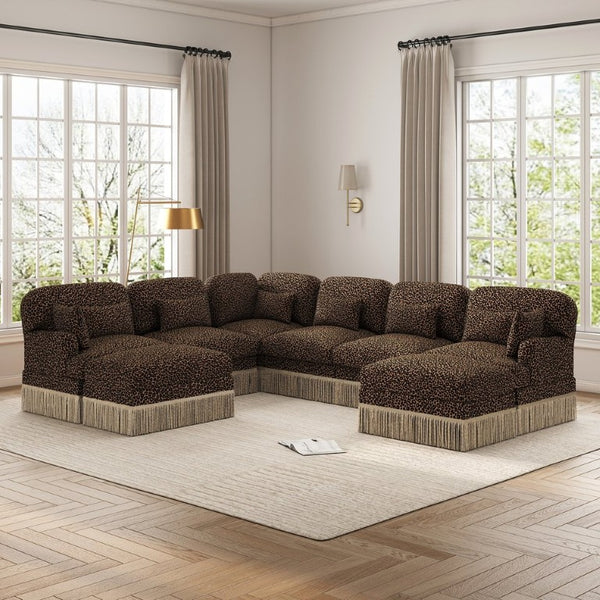 English Elm Oversized Modular V Shaped Chenille Sectional Eight Seat Sofa with Tassel Trim Ottomans W5656S00156