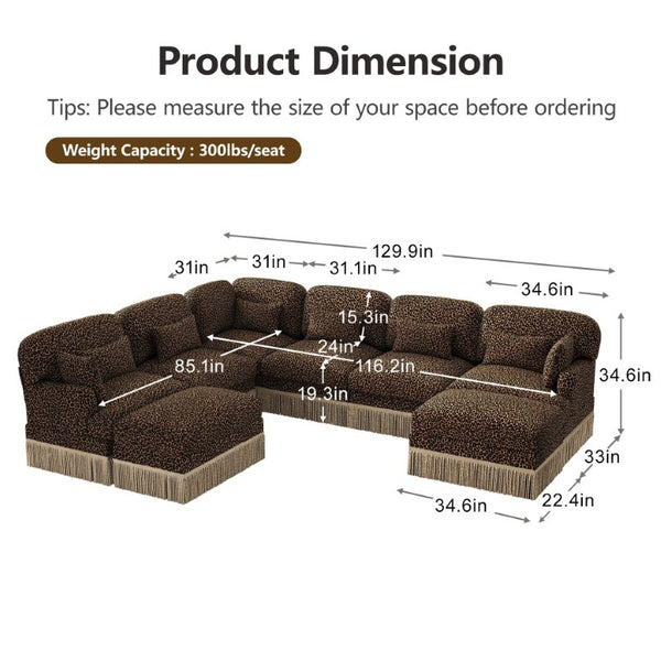 English Elm Oversized Modular V Shaped Chenille Sectional Eight Seat Sofa with Tassel Trim Ottomans W5656S00156