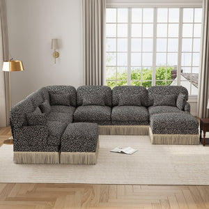 English Elm Oversized Modular Chenille Sectional with Leopard Print Tassel Trim and Eight Plush Seats W5656S00157