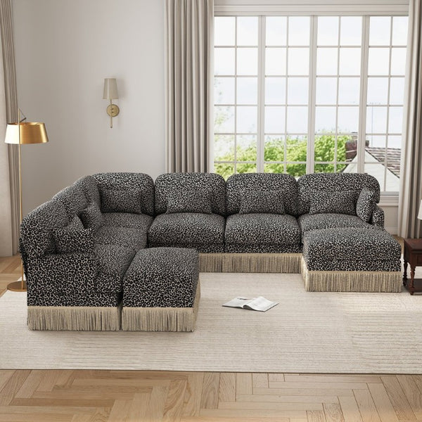 English Elm Oversized Modular Chenille Sectional with Leopard Print Tassel Trim and Eight Plush Seats W5656S00157