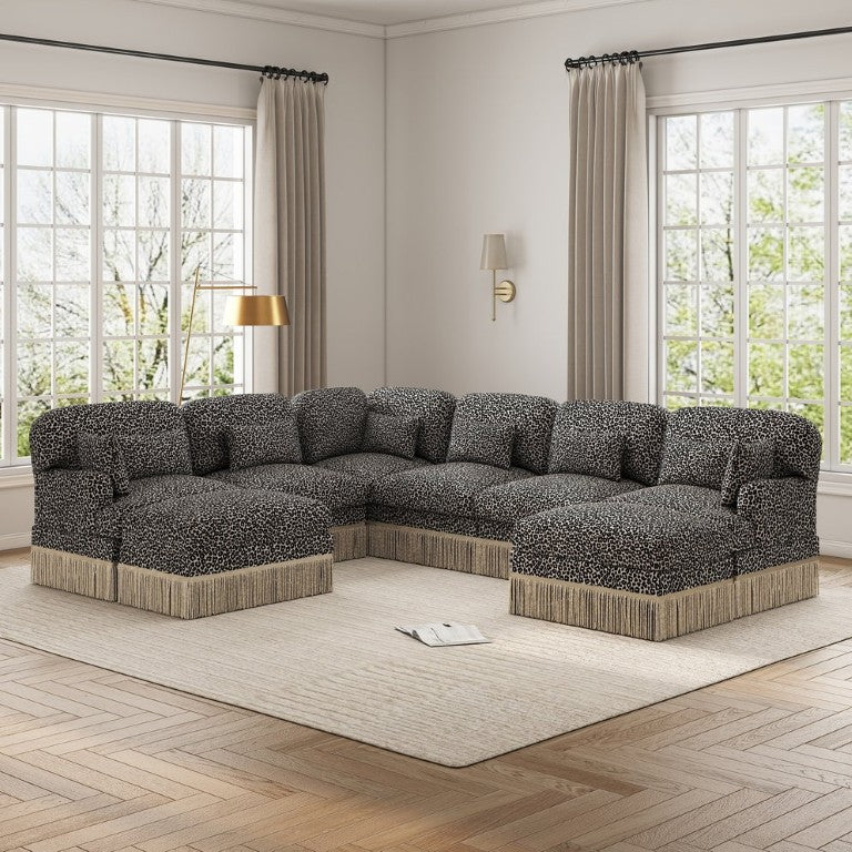 English Elm Oversized Modular Chenille Sectional with Leopard Print Tassel Trim and Eight Plush Seats W5656S00157