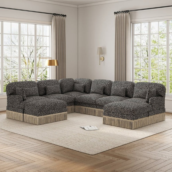 English Elm Oversized Modular Chenille Sectional with Leopard Print Tassel Trim and Eight Plush Seats W5656S00157