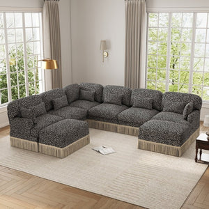 English Elm Oversized Modular Chenille Sectional with Leopard Print Tassel Trim and Eight Plush Seats W5656S00157