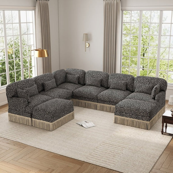 English Elm Oversized Modular Chenille Sectional with Leopard Print Tassel Trim and Eight Plush Seats W5656S00157
