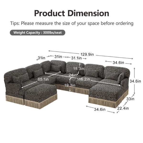 English Elm Oversized Modular Chenille Sectional with Leopard Print Tassel Trim and Eight Plush Seats W5656S00157