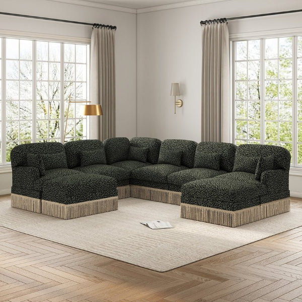 English Elm Oversized Chenille Sectional Eight Seat V Shape Modular Sofa with Tassel Trim Ottomans W5656S00158