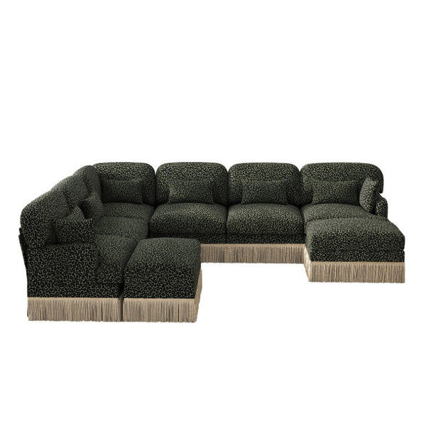 English Elm Oversized Chenille Sectional Eight Seat V Shape Modular Sofa with Tassel Trim Ottomans W5656S00158