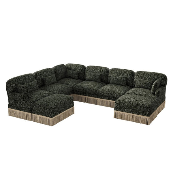 English Elm Oversized Chenille Sectional Eight Seat V Shape Modular Sofa with Tassel Trim Ottomans W5656S00158