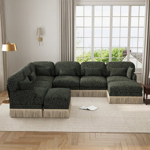 English Elm Oversized Chenille Sectional Eight Seat V Shape Modular Sofa with Tassel Trim Ottomans W5656S00158