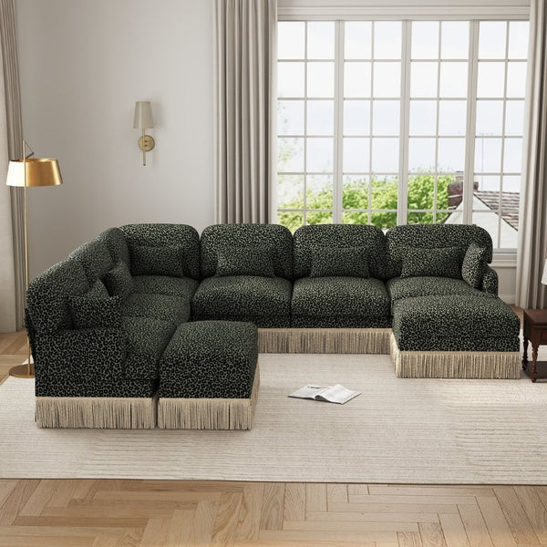 English Elm Oversized Chenille Sectional Eight Seat V Shape Modular Sofa with Tassel Trim Ottomans W5656S00158
