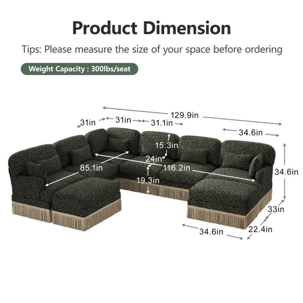 English Elm Oversized Chenille Sectional Eight Seat V Shape Modular Sofa with Tassel Trim Ottomans W5656S00158