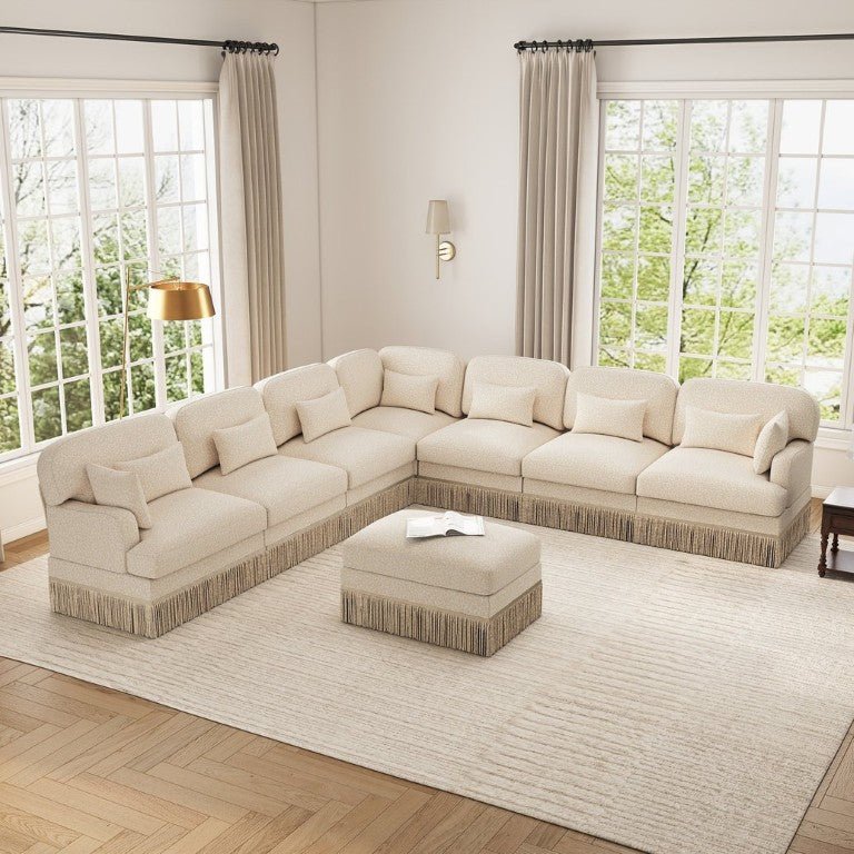 English Elm Oversized Chenille Sectional Sofa with Leopard Print Tassel Trim and Movable Ottoman W5656S00159