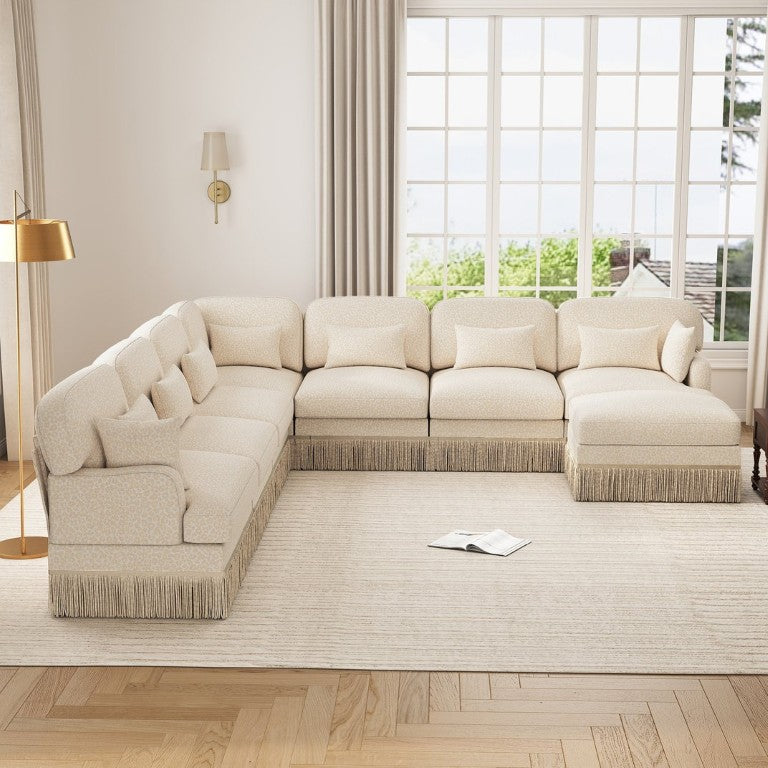 English Elm Oversized Chenille Sectional Sofa with Leopard Print Tassel Trim and Movable Ottoman W5656S00159