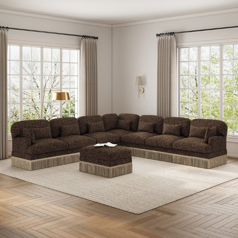 English Elm Oversized Modular V Shaped Chenille Sectional with Leopard Print Tassel Trim 8 Seat W5656S00160