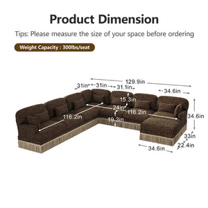 English Elm Oversized Modular V Shaped Chenille Sectional with Leopard Print Tassel Trim 8 Seat W5656S00160