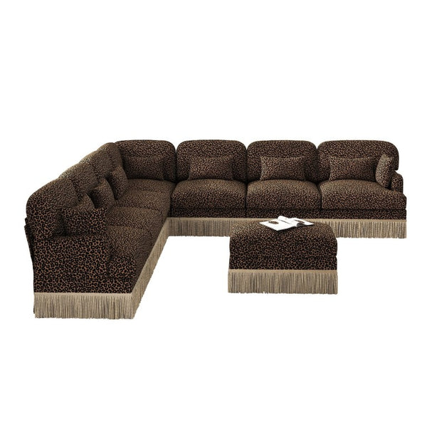 English Elm Oversized Modular V Shaped Chenille Sectional with Leopard Print Tassel Trim 8 Seat W5656S00160