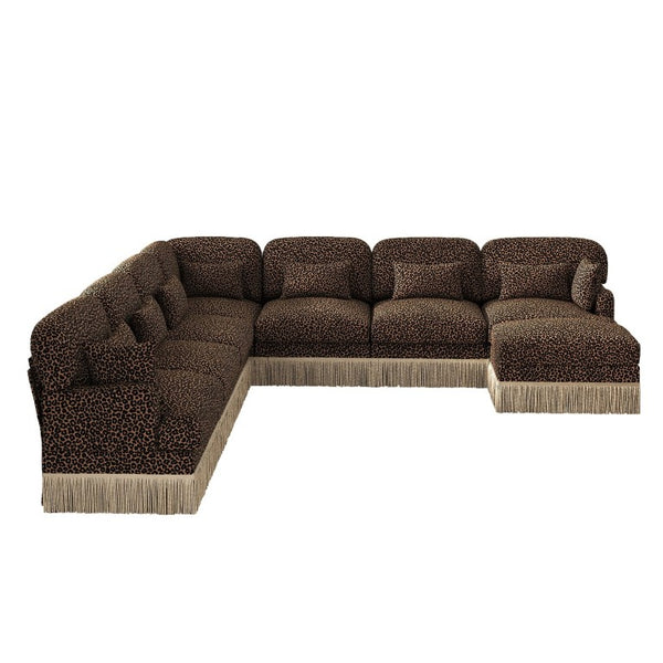 English Elm Oversized Modular V Shaped Chenille Sectional with Leopard Print Tassel Trim 8 Seat W5656S00160
