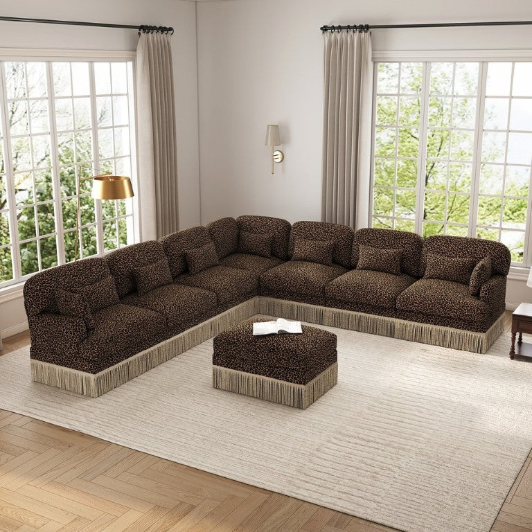 English Elm Oversized Modular V Shaped Chenille Sectional with Leopard Print Tassel Trim 8 Seat W5656S00160
