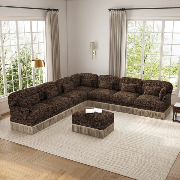 English Elm Oversized Modular V Shaped Chenille Sectional with Leopard Print Tassel Trim 8 Seat W5656S00160