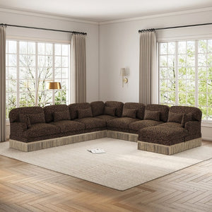 English Elm Oversized Modular V Shaped Chenille Sectional with Leopard Print Tassel Trim 8 Seat W5656S00160