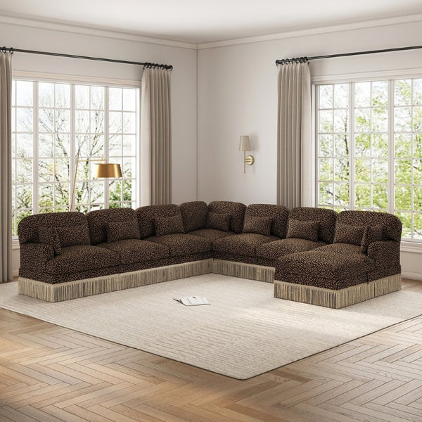 English Elm Oversized Modular V Shaped Chenille Sectional with Leopard Print Tassel Trim 8 Seat W5656S00160
