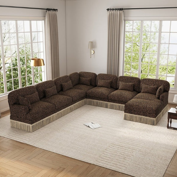English Elm Oversized Modular V Shaped Chenille Sectional with Leopard Print Tassel Trim 8 Seat W5656S00160