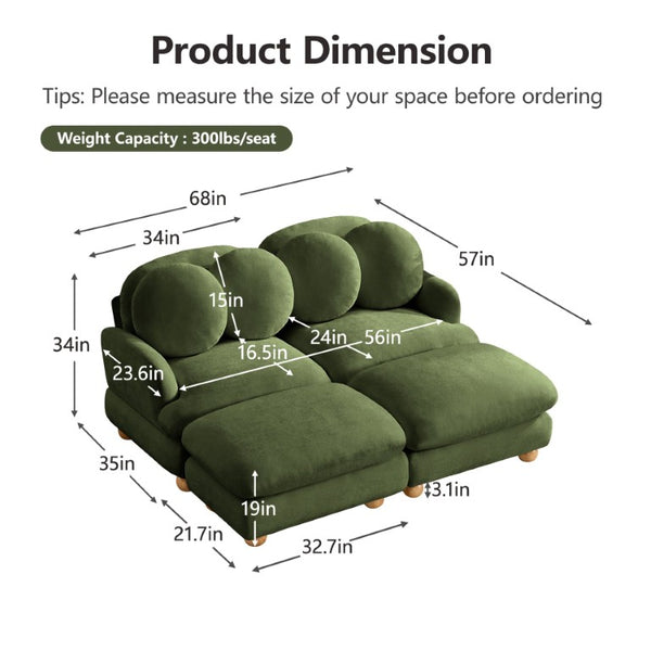 English Elm Large Chenille Modular Sectional Six Seat Sofa with Ottoman Solid Wood Frame Green 68 L x 57 W x 34 H W5656S00174