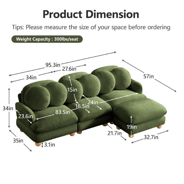 English Elm Large Chenille Modular Sectional Six Seat Sofa with Ottoman Solid Wood Frame Green 95.3 L x 57 W x 34 H W5656S00176