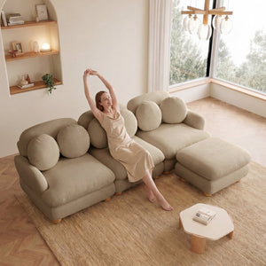 English Elm Comfy Chenille Modular Sofa with Ottoman Throw Pillows Curved Wood Leg Living Room W5656S00192