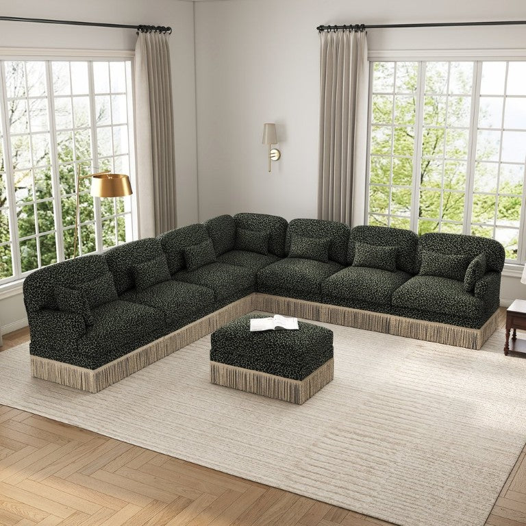 English Elm Oversized Leopard Chenille Modular Sectional Sofa 8 Seat V Shape with Tassel Trim W5656S00200