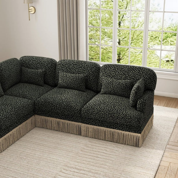 English Elm Oversized Leopard Chenille Modular Sectional Sofa 8 Seat V Shape with Tassel Trim W5656S00200